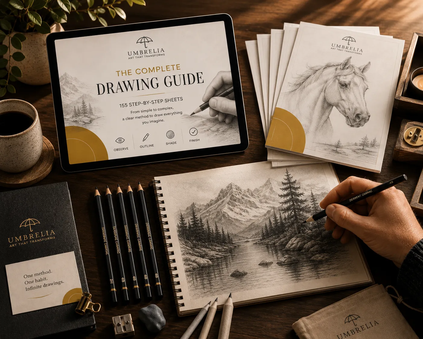 Umbralia complete pack mockup: tablet and printed plates