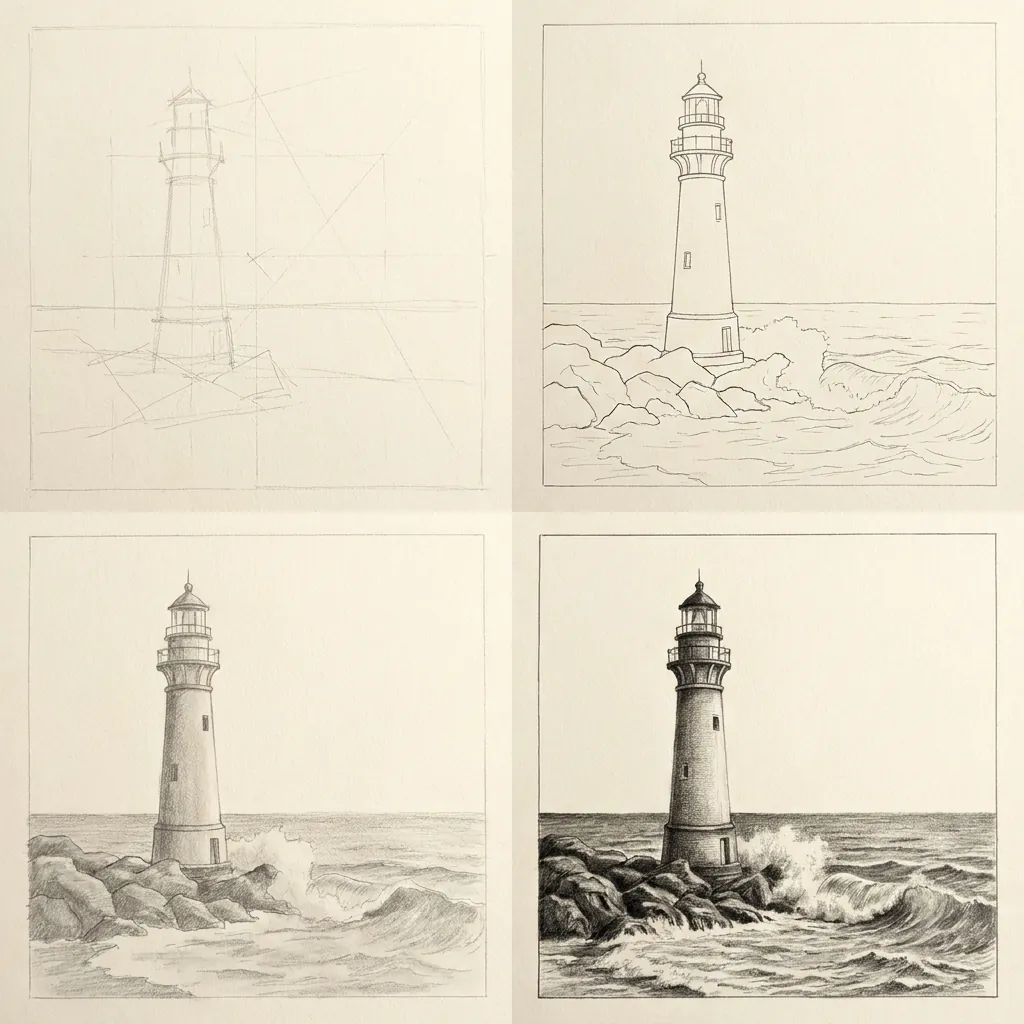 Step-by-step plate of a lighthouse