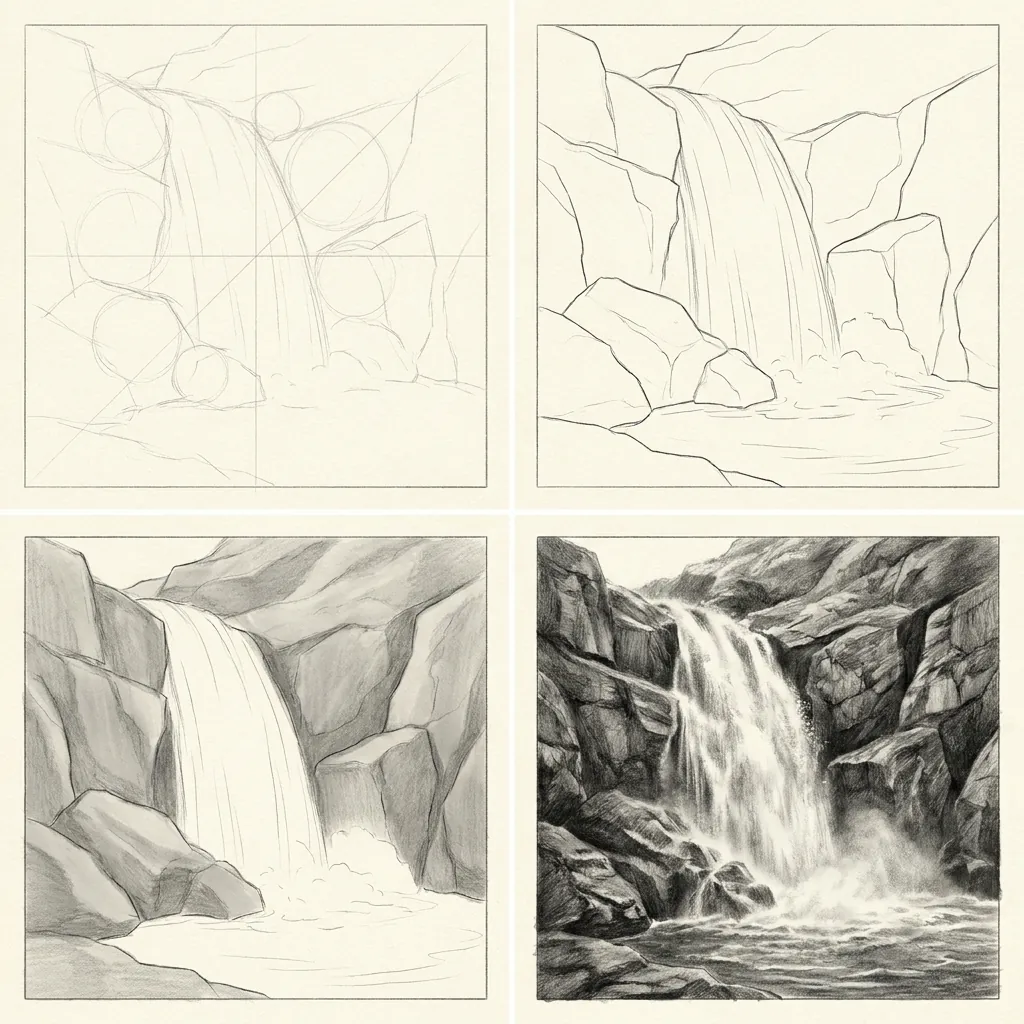 Step-by-step plate of a waterfall